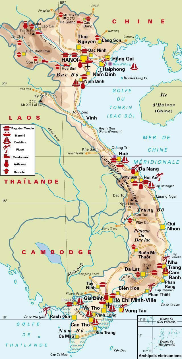 Carte du Vietnam, carte de voyages du Vietnam, voyage a la carte, circuit aventure, voyage culturel, voyage decouvert